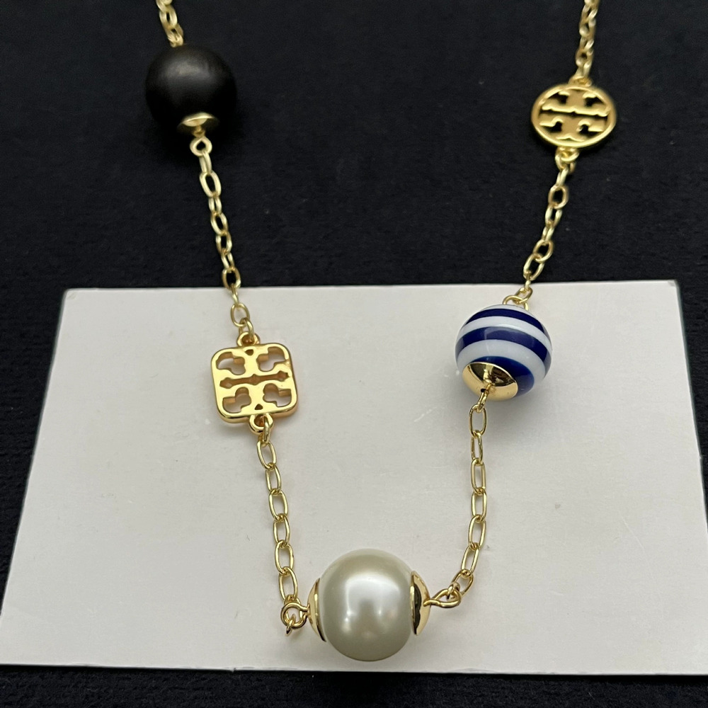Tory Burch Wind Enamel Blue White Striped Pearl Wood Bead Necklace Personality